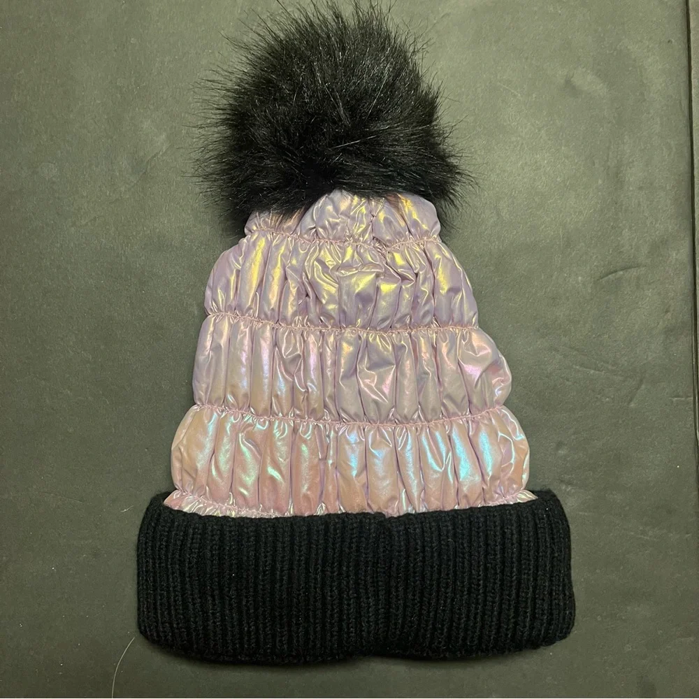 2 Justice Girls Y2K Beanies Quilted‎ Metallic Puffer Pom Pom Faux Fur Hats